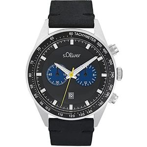 s.Oliver 2033495 Analoog chronograaf herenhorloge met leren band, zwart, waterdicht tot 5 bar, levering in geschenkdoos