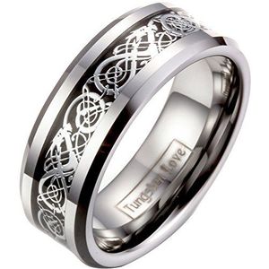 JewelryWe Sieraden heren-ring, Keltische draak, verjaardag, bruiloft, wolfraam, modesieraad, kleur: zilver, breedte 8 mm, met geschenktasje (grootte van de ring optioneel), wolfraamstaal, Zonder steen