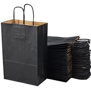 50 zwarte boodschappentassen van kraftpapier met handgrepen – 20 x 10 x 29,2 cm – boodschappentas/geschenkverpakking voor verjaardag, Kerstmis, bruiloft.
