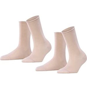 FALKE Happy 2 stuks ademende katoenen versterkte sokken effen opgerolde randen niet samendrukken op de kuit, geschikt voor diabetici, multipack 2 paar, Roze (Blossom 8645)