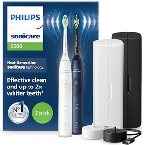 Philips Sonicare 5500 - Brosse à dents électrique sonique avec 2 modes, Alerte de pression, EasyStart, SmarTimer et BrushPacer, Blanc et Bleu marine, Pack de 2, modèle HX7119/01