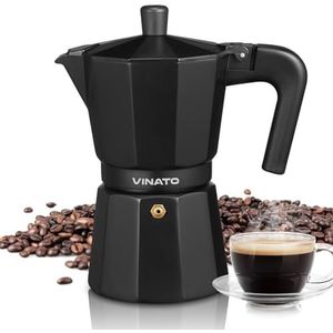 VINATO Espressomachine van aluminium voor kookplaat, Italiaans koffiezetapparaat, campingkoffiezetapparaat, mokka-koffiezetapparaat, 6 kopjes, met veiligheidsventiel, zwart