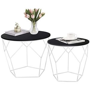 Ribelli 500426 Set van 2 bijzettafels met mandfunctie, ronde salontafel, rieten tafel met afneembaar blad, metalen tafels voor woonkamer, slaapkamer, kantoor, zwart