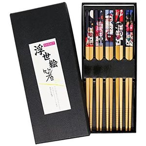 Exzact Cadeauset met eetstokjes – 5 paar herbruikbare eetstokjes van natuurlijk bamboe in mooie handgemaakte zwarte doos – versierd met Japanse gelukskat/gelukskat