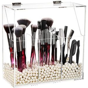 Okllen Make-upborstelhouder met stofkap en witte kralen, transparante acryl make-up borstelorganizer met 3 vakken, grote opbergdoos voor