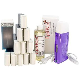 EpilWax - Kit Chauffe Cire Épilation Professionnelle avec 12 x Recharges Roll on Cire à l’Azulène, 100 x Bandes d'Épilation et Huile après Épilation - Gamme Royal