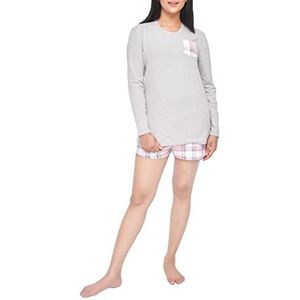 Sleepdown Set voor dames, pyjama, 2-delig, korte mouwen, tas en shorts, geruit, grijs/roze, M, Grijs/Roze
