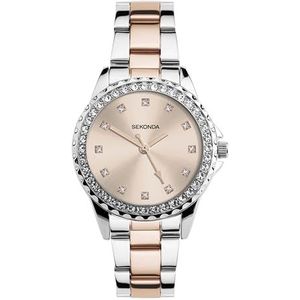 Sekonda Elizabeth 33 mm kwartshorloge voor dames, met stenen kast, analoge weergave en roestvrijstalen armband, roségoud/meerkleurig, roségoud verguld en stalen wijzerplaat, Roségoud/veelkleurig,