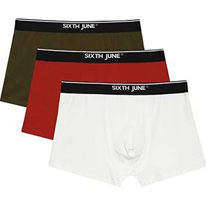 SIXTH JUNE - 3 stuks boxershorts voor heren - elastische band - nauwsluitende pasvorm - 95% katoen, 5% elastaan, kaki/rood/wit