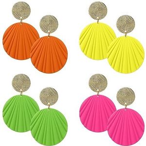 Yolev Set van 4 paar Koreaanse oorbellen voor dames, trendy gouden geometrische ronde oorbellen, matte verfschijven, statement sieraden (geel + oranje + groen +, Spuitverf voor metaal, Geen edelsteen