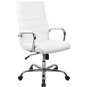 Flash Furniture Ergonomische bureaustoel van leer met hoge rugleuning en verchroomde armleuningen en kantelbare vergrendelingshendel, wit