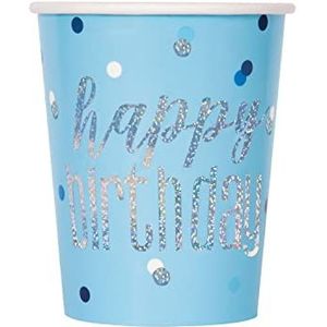 Unique - 82247 papieren bekers met thema, blauw en zilver, folie glitter, 8 stuks, blauw, Happy Birthday