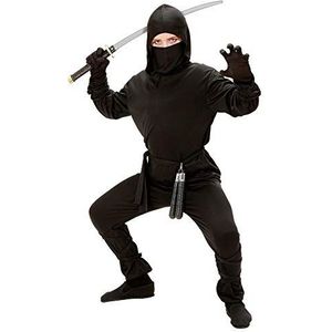 Widmann - Ninja-kinderkostuum, jas met capuchon, broek, riem, masker, arm- en beenbanden, themafeest, carnaval
