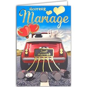 Afie 63-1139 wenskaart, bruiloft, met verguld, goudkleurig, Just Married, auto, rood, cabrio, ballonnen, harten, goede straat, bruiloft, gemaakt in Frankrijk 63-1139