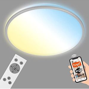 BRILONER - Smart LED-plafondlamp, woonkamerlamp, ronde kleurtemperatuurregeling, plafondlamp dimbaar met afstandsbediening, spraakbediening, mat chroom, Ø 333 mm
