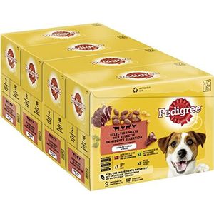 PEDIGREE Maaltijden voor honden, 48 verse zakjes (4 verpakkingen 12 x 100 g) – hondenvoer van gelei – rundvlees/gevogelte/lam/kip – compleet en uitgebalanceerd voer met natuurlijke ingrediënten