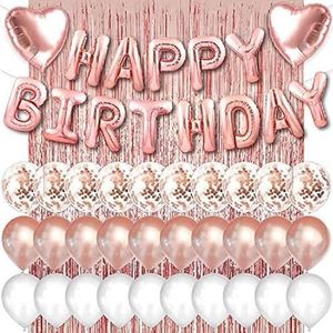 Rose Gold Birthday Party Decoration, Happy Birthday-banner, roségoud, franje, gordijn, folie tablet, hartsterfolie confettiballonnen, 10 g, confettitafel, voor dames, meisjes, verjaardagsfeestje