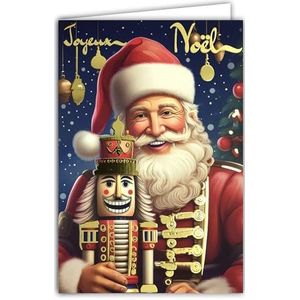 61-5832 Merry Christmas kaart met glanzende gouden tekst en witte envelop, formaat 12 x 17,5 cm, kerstman met notenkraker houten soldaat, gemaakt in Frankrijk