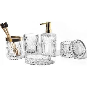 EMPO Set van 6 badkameraccessoires van transparant glas (zeepdispenser, zeepbakje, tandenborstelhouder, beker, katoenen pot), moderne moderne vintage kristallen decoratie (6