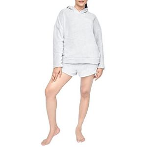 Sleepdown Dames Toffee fleece hoodie en korte loungwear set met capuchon en shorts van koraalwol, Lichtgrijs