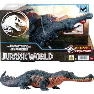Mattel Jurassic World HTK71 Dinosaurusfiguur Gryposuchus woest brullend met aanvalsfunctie, verbonden spel, verhoogde realiteit, speelgoed voor kinderen, vanaf 4 jaar