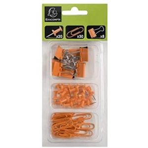 Exacompta - 14854E - 58-delige set van Iderama - bestaande uit 20 push pins, 30 paperclips (paperclips) en 8 dubbele metalen clips, alles in een kunststof etui met 3 vakken - oranje