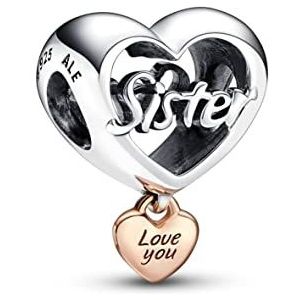 PANDORA Hartvormige hanger ""Love You Sister"" van sterling zilver en 14 karaat roségoud vergulde legering, compatibel met PANDORA Moments, één maat, zilver/roségoud, geen edelsteen, zilver/roségoud,