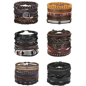 FIOROYAL 30 Mannen Gevlochten Lederen Armbanden Houten Kralen Armband Etnische Touw Tribal Armbanden Set Verstelbare Armbanden, Leer, Kubieke zirkonia