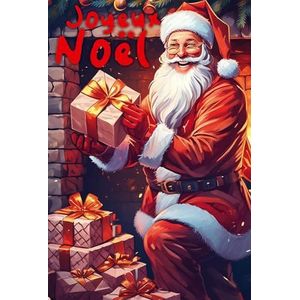 61-5831 Merry Christmas kaart met glanzende rode tekst en witte envelop, formaat 12 x 17,5 cm, kerstman voor een open haard, om een stapel cadeaupakketten neer te leggen, gemaakt in Frankrijk