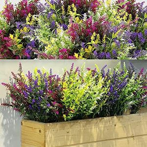 Willbond Lavendelstruiken, kunstmatig, 12 pakken, kunstmatige bloemen voor kunstmatige groenblijvende lavendel, uv-bestendige planten voor bloemstukken, centraal op tafel, huis, tuin (mix van kleuren)