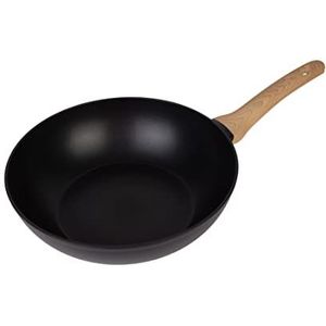 Master Chef Wok inductie, gas, keramiek en meer, voor alle warmtebronnen, antiaanbaklaag, sauteerpan, 28 cm, antislipcoating, zachte handgreep, hittebestendig, houtlook