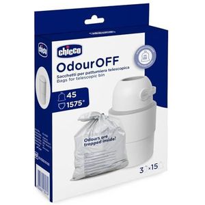 Chicco Odour Off-zakken, voederzakken, telescopische vuilniszakken, robuust drielaags materiaal, houden onaangename geurtjes tegen, 45 zakken, 15 x 3