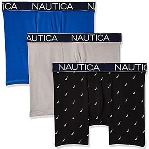 Nautica 3-pack Classic Underwear Cotton Stretch Boxershorts voor heren, Kobalt Marine, legering, bedrukt voile, zwart en wit.