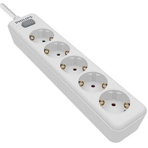 Philips SPN1142WA/10 Schuko-voeding, 4 stopcontacten, aan/uit-schakelaar, gevlochten stroomkabel, 2 meter (hoge weerstand), wit