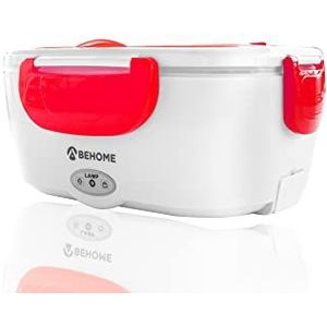 BEHOME Draagbare elektrische verwarmer met 2 uitneembare containers, 1,5 liter, lunchbox met bestekvak en lepel (rood)