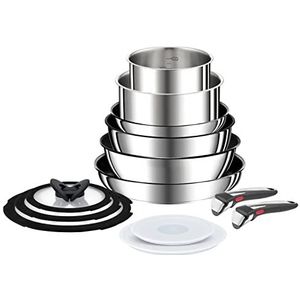 Tefal Ingenio Preference On Set van 2 pannen + wok + fornuis + 2 potten + 5 accessoires + 2 afneembare handgrepen, anti-aanbaklaag, titanium coating, thermosignaal, vaatwasmachinebestendig
