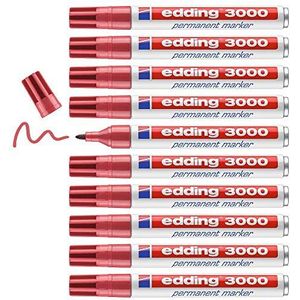 edding 3000 permanent marker - karmijn-rood - 10 stiften - ronde punt 1,5-3 mm - sneldrogende permanent marker - water- en wrijfvast - voor karton, kunststof, hout, metaal - universele marker