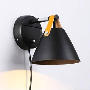 BarcelonaLED wandlamp met kabel en schakelaar, Nordic stekker, zwart, met leren band, GU10-fitting voor slaapkamer, bed, woonkamer, nachtkastje