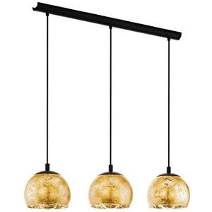 EGLO Hanglamp Alabraccin, plafondlamp met 3 vlammen, kroonluchter voor woonkamer of eetkamer van zwart metaal en goudkleurig glas, E27 fitting, 78 cm