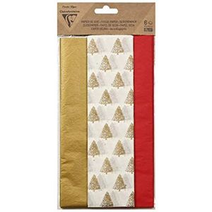 Clairefontaine 95540C – verpakking met 6 vellen bedrukt zijdepapier – formaat 50 x 75 cm – 2 vellen motief dennenboom + 2 rode vellen + 2 gouden vellen – kerstassortiment