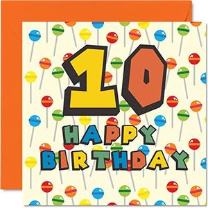Carte d'anniversaire 10 ans unisexe – Sucette Sweets Candy – Carte d'anniversaire 10 ans, fils, fille, frère, sœur, petit-fils, petite-fille, nièce, neveu, cousin, 145 mm x 145 mm, carte de vœux pour