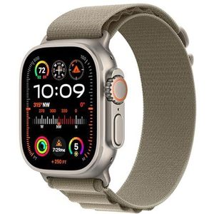 Apple Watch Ultra 2 (49 mm GPS + Cellular) Smartwatch met robuuste titanium behuizing en olijfkleurige Alpine gesp - Small. Fysieke activiteitstracker, zeer nauwkeurige GPS, actieknop,
