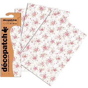 Décopatch C570O – een zakje met 3 vellen bedrukt papier, 30 x 40 cm, roze bloemen op witte achtergrond