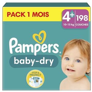 Pampers Baby-Dry luiers maat 4+ (10-15 kg), 198 luiers voor baby's, 1 maand, tot 12 uur, droog met de Stop & Protect-zak, nu met meer luiers