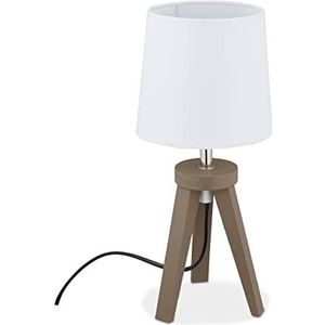 Relaxdays Tafellamp, statief, hout en stof, Scandinavisch design, E14 H x D 31 x 14 cm, bedlamp, wit/bruin