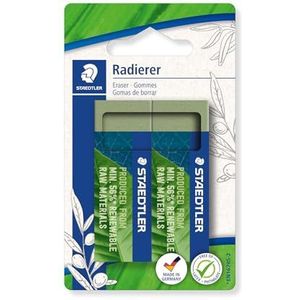 STAEDTLER Gum 526 80BK2 gum met 56% natuurlijk en hernieuwbaar, ftalaat- en latexvrij, glijhuls, afmetingen 65 x 23 x 13 mm, 2 olijfgroene gummen op blisterkaart