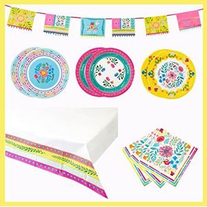 Boho feestaccessoires voor 12 gasten, bevat kleurrijke bloempotborden, mooie servetten, slinger, papieren tafelkleed, ideaal voor een verjaardag met het thema Encanto, zomergrill