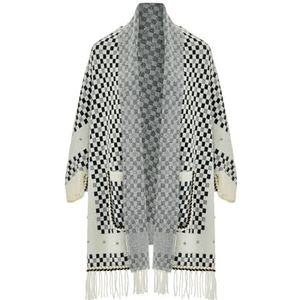 CHANI Femme élégant et adapté au quotidien, manteau mi-long en tartan, pull en tricot épais, blanc laine, taille unique, Blanc cassé, taille unique