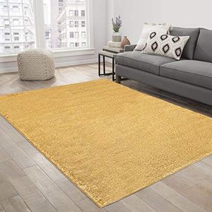 Serdim Rugs Modern hoogpolig tapijt van zacht polyester, voor de woonkamer, 60 x 220 cm, goudkleurig