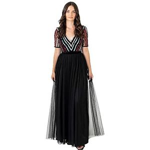 Maya Deluxe Maxi, damesjurk, bal, gown voor bruiloft, gast, lange V-hals, empire-taille, korte mouwen, prom, mesh, zwarte jurk, formele damesjurk, zwart.